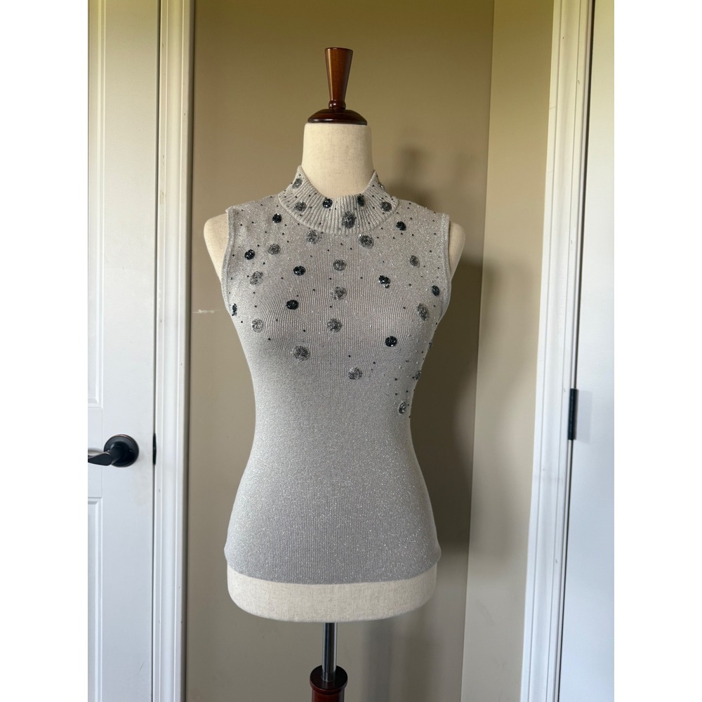 Silver Metallic Sleeveless Mock Neck Top Beaded Sequin Cutout Back Knit Blouse